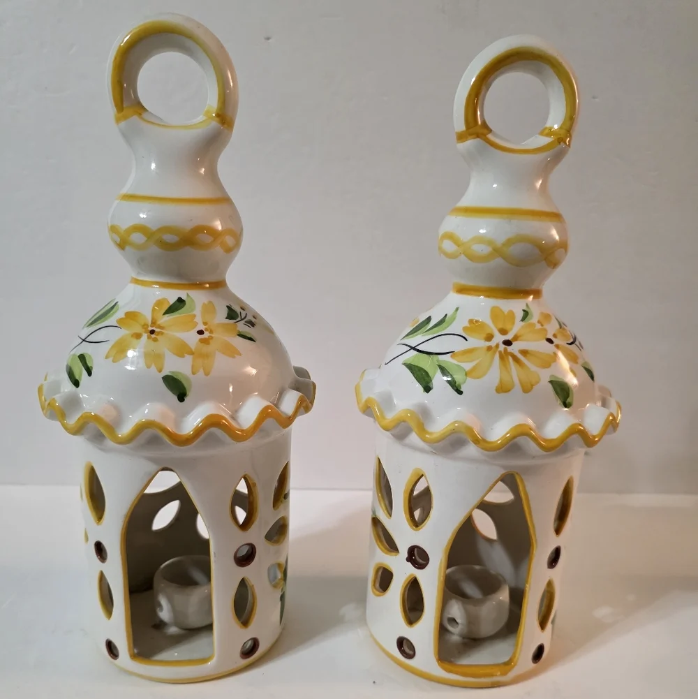 Vtg Art Pottery Candle Lanterns Flower Design